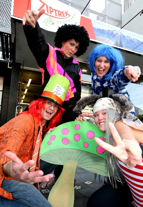 Ziptrek employees promoting March Madness &#8211; from L-R front Trevor Mosher and Michelle Tatton - from L-R back Nicole Sutherland and Nicky Busst.